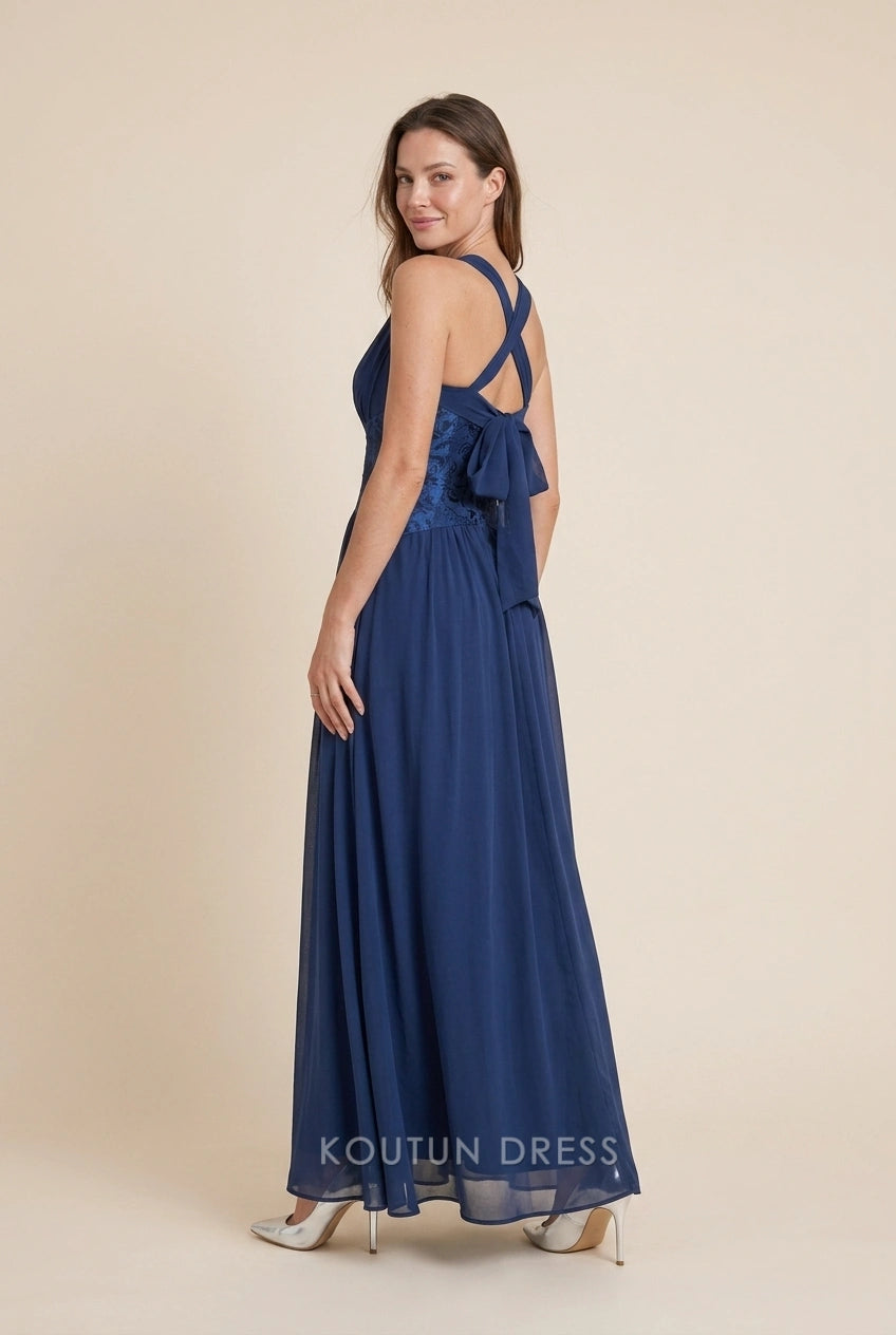 Elegant A-Line V-Neck Flowy Sleeveless Navy Blue Floor-Length Prom Dress
