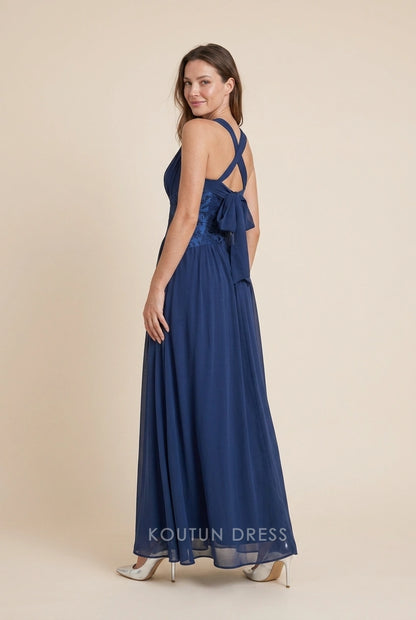 Elegant A-Line V-Neck Flowy Sleeveless Navy Blue Floor-Length Prom Dress