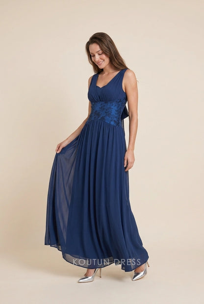 Elegant A-Line V-Neck Flowy Sleeveless Navy Blue Floor-Length Prom Dress