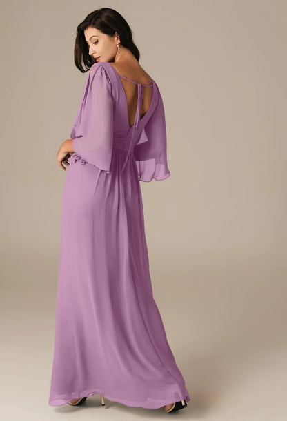 Elegant A-Line V-Neck Flutter-Sleeve Pleated Lilac Long Bridesmaid Dress Women Gown
