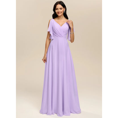 Elegant A-Line V-Neck Flutter Sleeve Cold Shoulder Lavender Floor-Length Bridesmaid Dress Gown