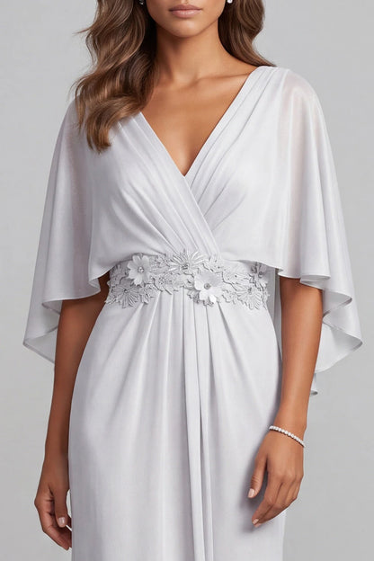 Elegant A-Line V-Neck Flutter Sleeve Draped Embellished Silver Floor-Length Prom Gown