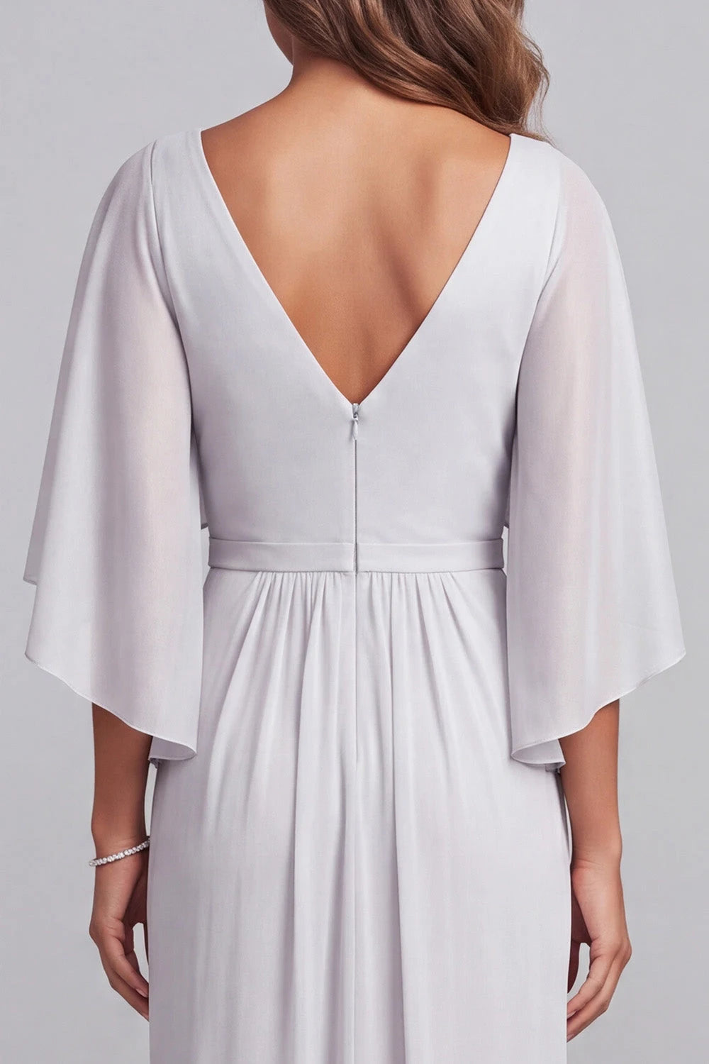 Elegant A-Line V-Neck Flutter Sleeve Draped Embellished Silver Floor-Length Prom Gown