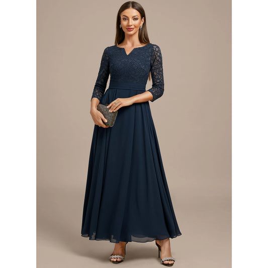 Elegant A-Line V-Neck Flutter Sleeve Embellished Navy Blue Floor-Length Mother of the Bride Dress