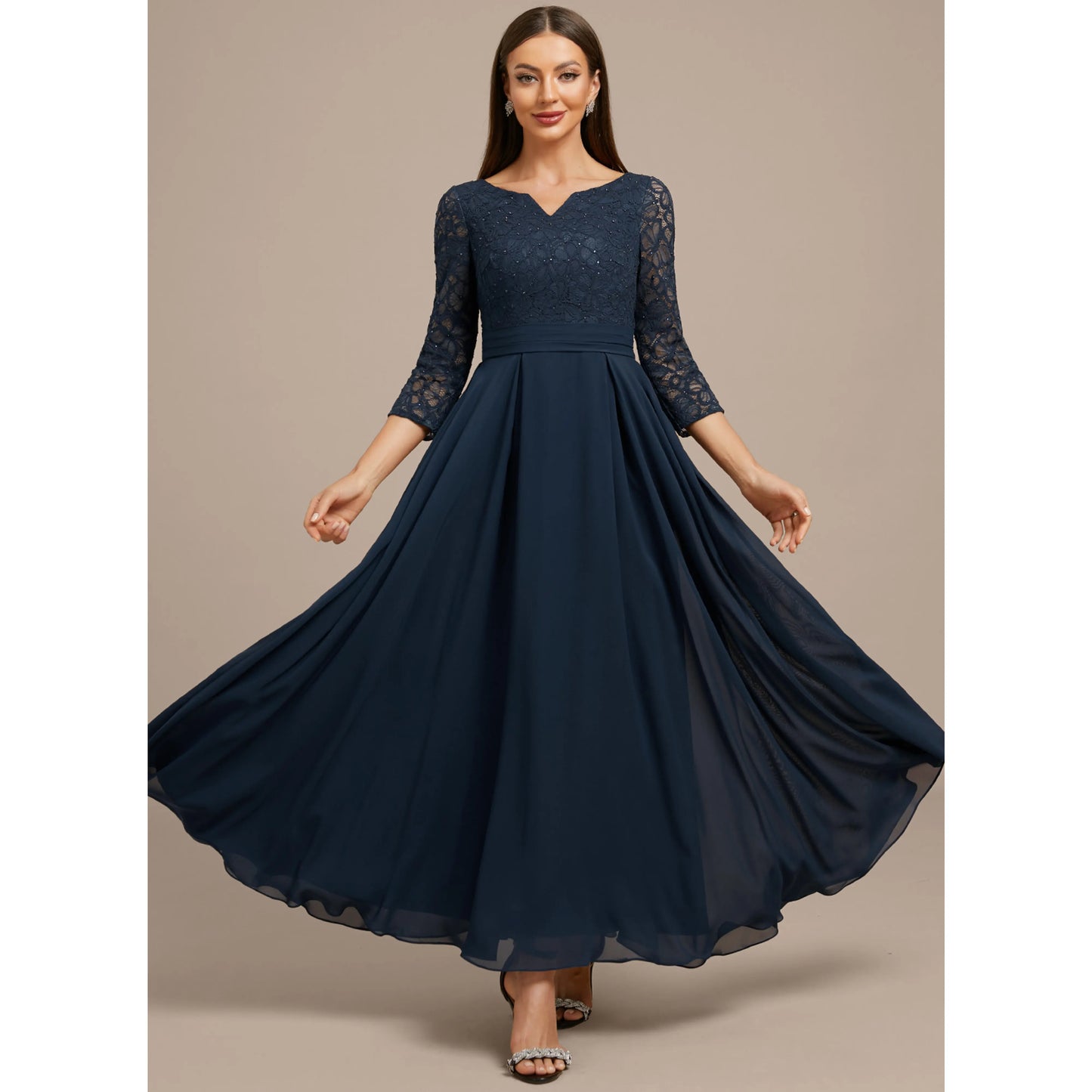 Elegant A-Line V-Neck Flutter Sleeve Embellished Navy Blue Floor-Length Mother of the Bride Dress