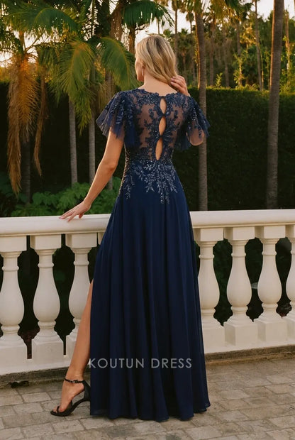 Elegant A-Line V-Neck Flutter Sleeve Embellished Navy Blue Floor-Length Prom Gown