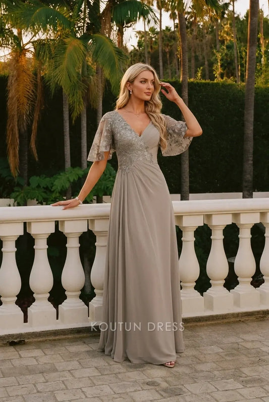 Elegant A-Line V-Neck Flutter Sleeve Embellished Taupe Floor-Length Prom Dresses Gown