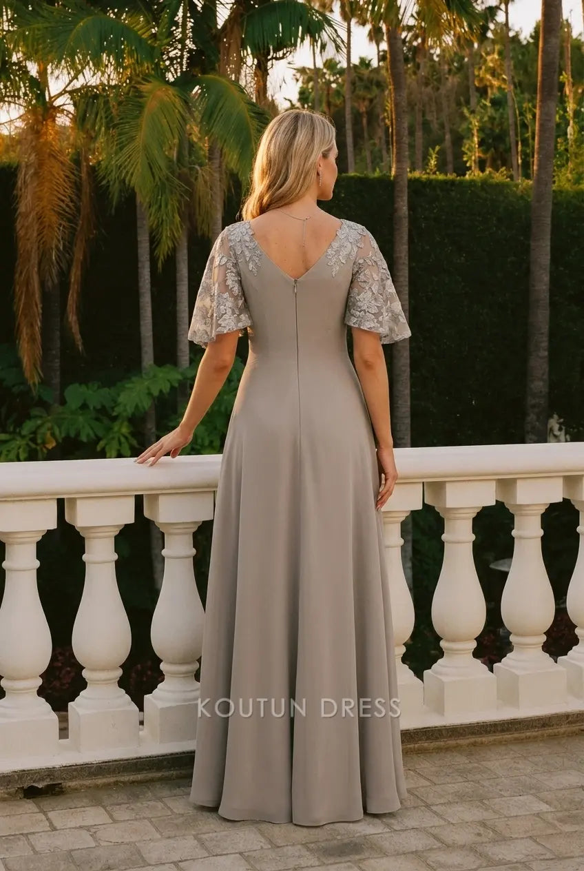 Elegant A-Line V-Neck Flutter Sleeve Embellished Taupe Floor-Length Prom Dresses Gown