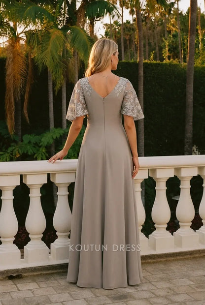 Elegant A-Line V-Neck Flutter Sleeve Embellished Taupe Floor-Length Prom Dresses Gown