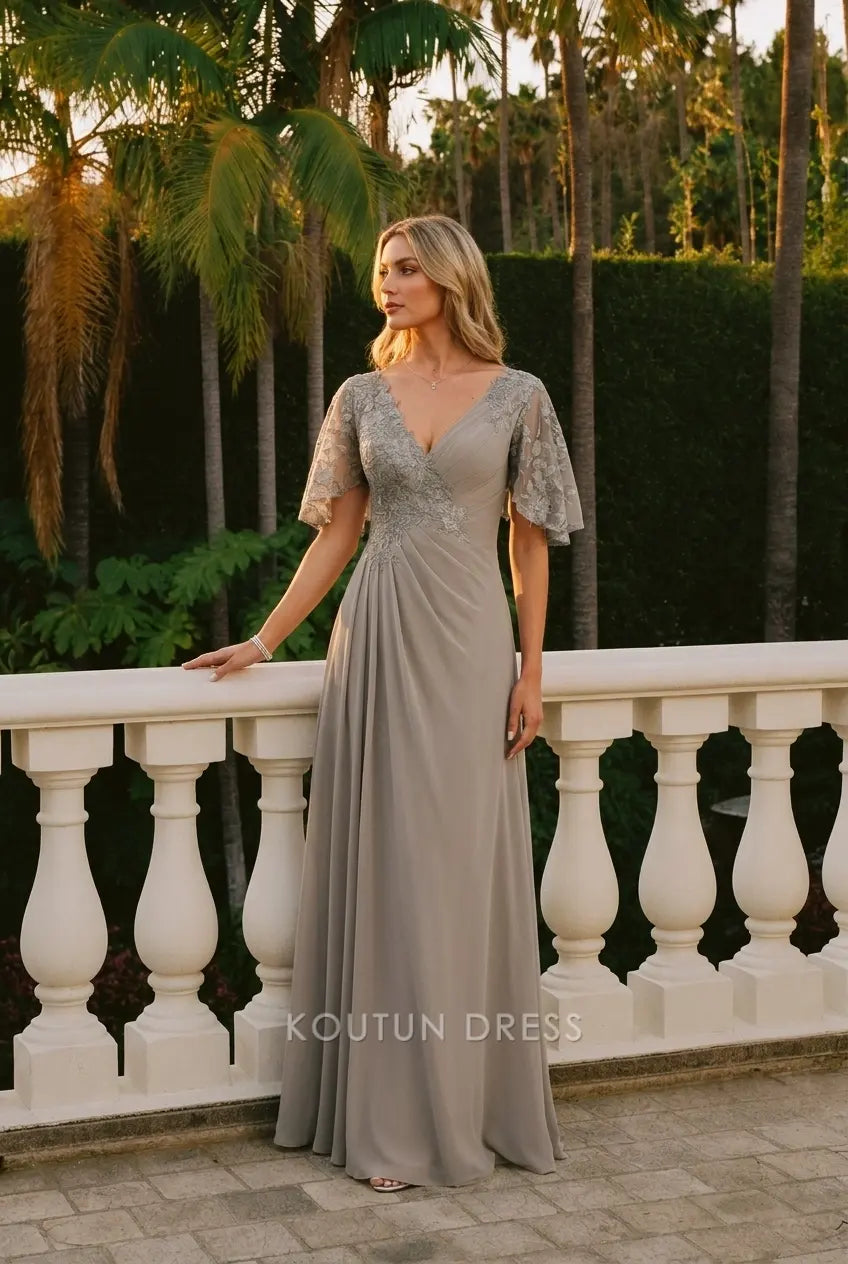 Elegant A-Line V-Neck Flutter Sleeve Embellished Taupe Floor-Length Prom Dresses Gown