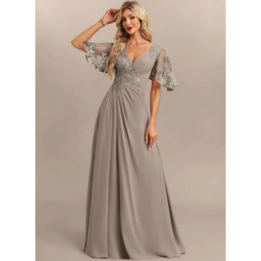 Elegant A-Line V-Neck Flutter Sleeve Embroidered Taupe Grey Floor-Length Women's Prom Dresses Gown