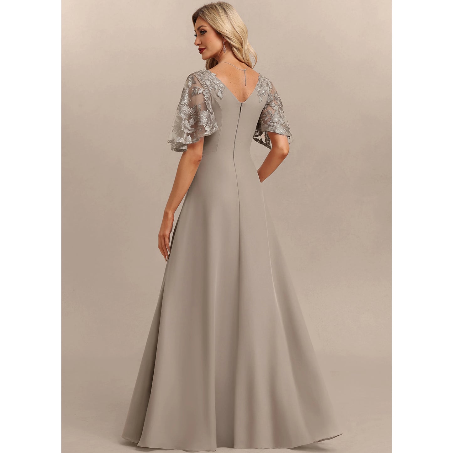 Elegant A-Line V-Neck Flutter Sleeve Embroidered Taupe Grey Floor-Length Women's Prom Dresses Gown