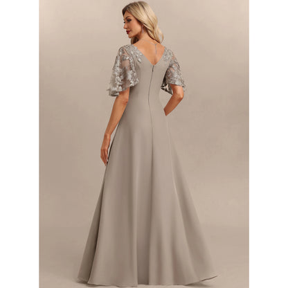 Elegant A-Line V-Neck Flutter Sleeve Embroidered Taupe Grey Floor-Length Women's Prom Dresses Gown