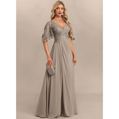 Elegant A-Line V-Neck Flutter Sleeve Embroidered Taupe Grey Floor-Length Women's Prom Dresses Gown