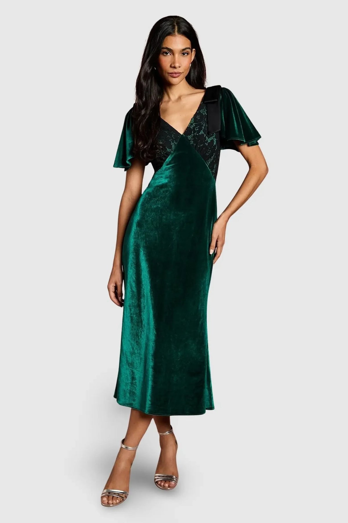 Elegant A-Line V-Neck Flutter Sleeve Emerald Green Midi Evening Dress
