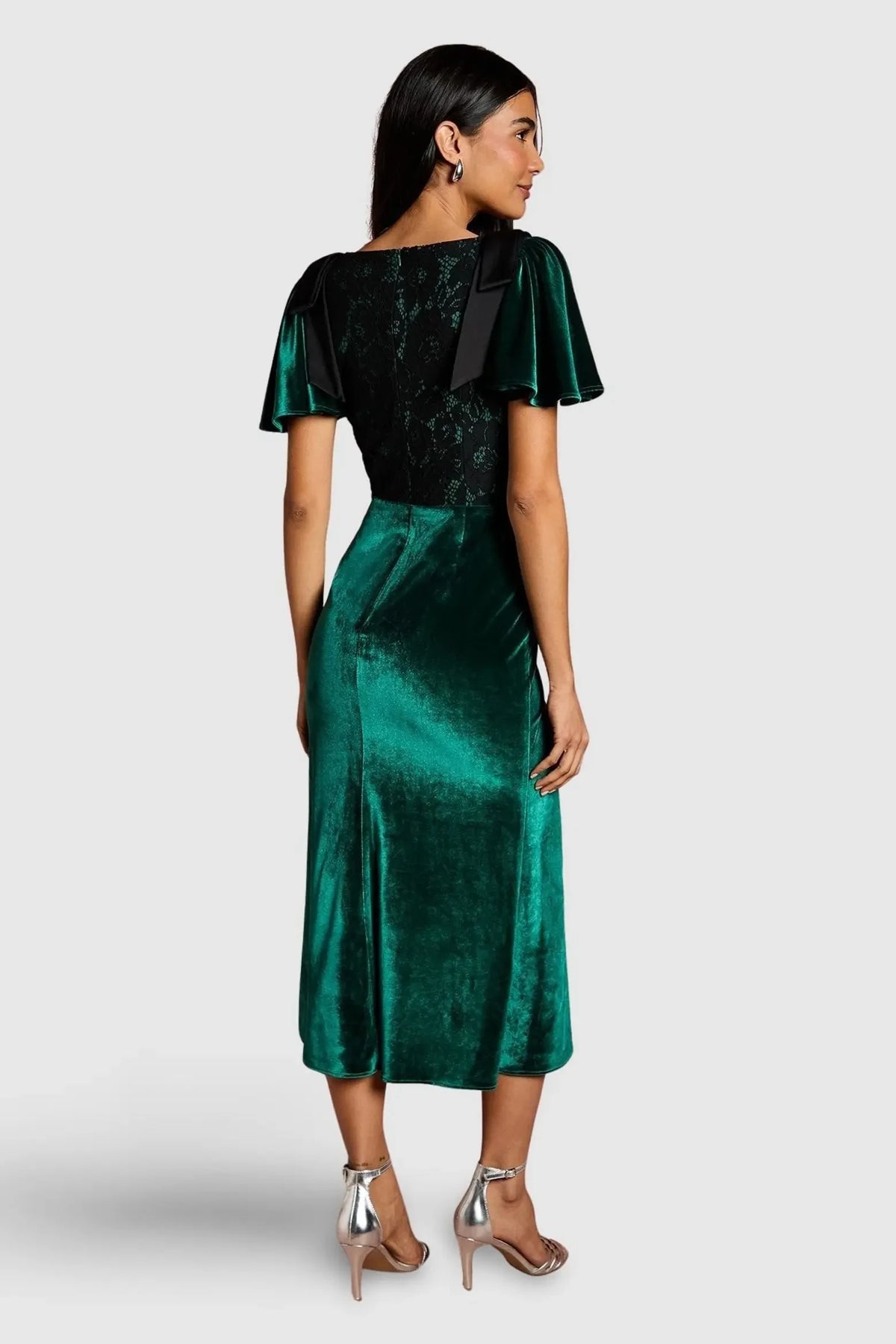Elegant A-Line V-Neck Flutter Sleeve Emerald Green Midi Evening Dress