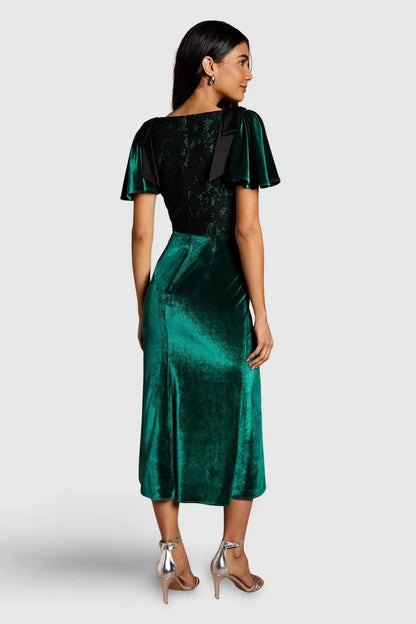 Elegant A-Line V-Neck Flutter Sleeve Emerald Green Midi Evening Dress