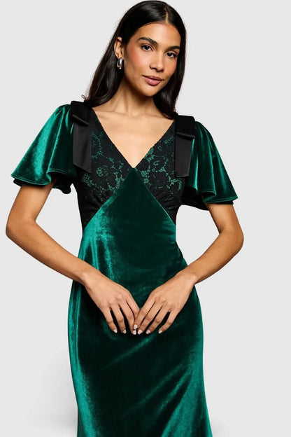 Elegant A-Line V-Neck Flutter Sleeve Emerald Green Midi Evening Dress