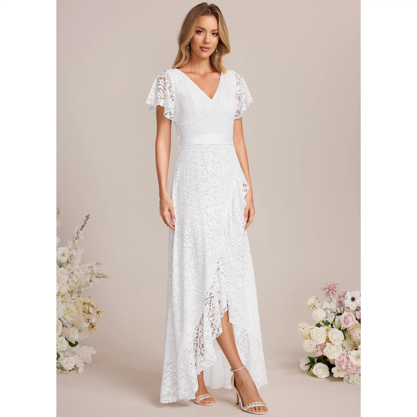 Elegant A-Line V-Neck Flutter Sleeve Floral Lace White High-Low Wedding Gown