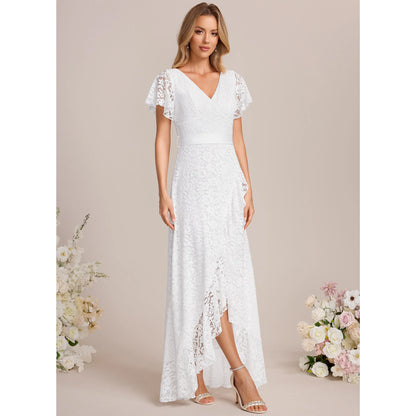 Elegant A-Line V-Neck Flutter Sleeve Floral Lace White High-Low Wedding Gown