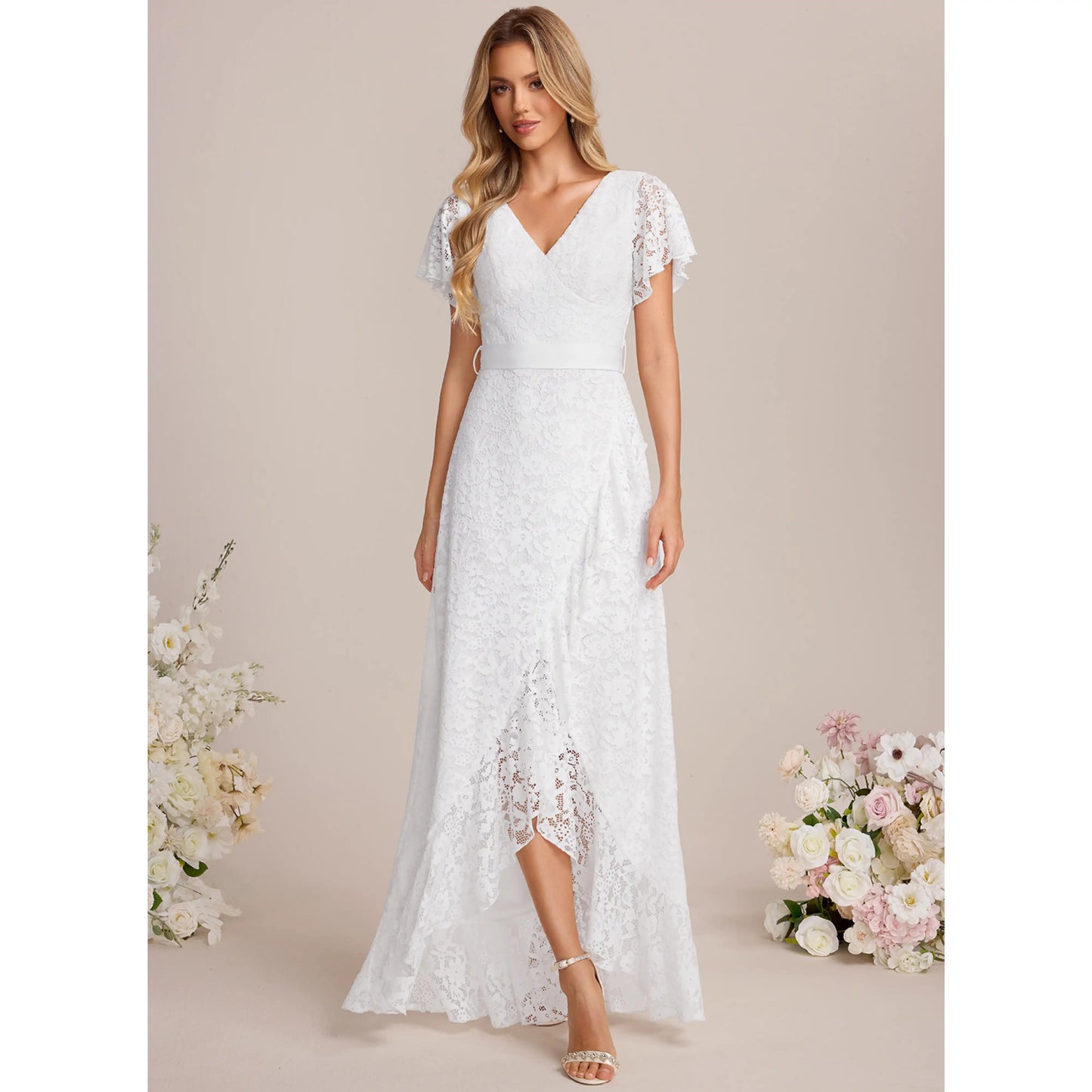 Elegant A-Line V-Neck Flutter Sleeve Floral Lace White High-Low Wedding Gown