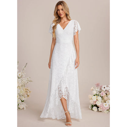 Elegant A-Line V-Neck Flutter Sleeve Floral Lace White High-Low Wedding Gown