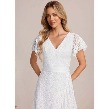 Elegant A-Line V-Neck Flutter Sleeve Floral Lace White High-Low Wedding Gown