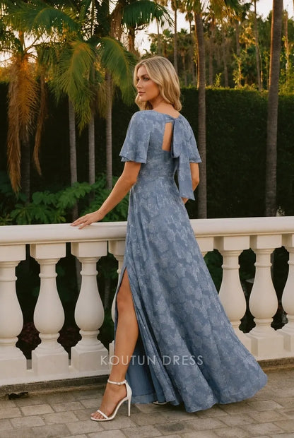 Elegant A-Line V-Neck Flutter Sleeve Floral Slit Dusty Blue Floor-Length Prom Dress