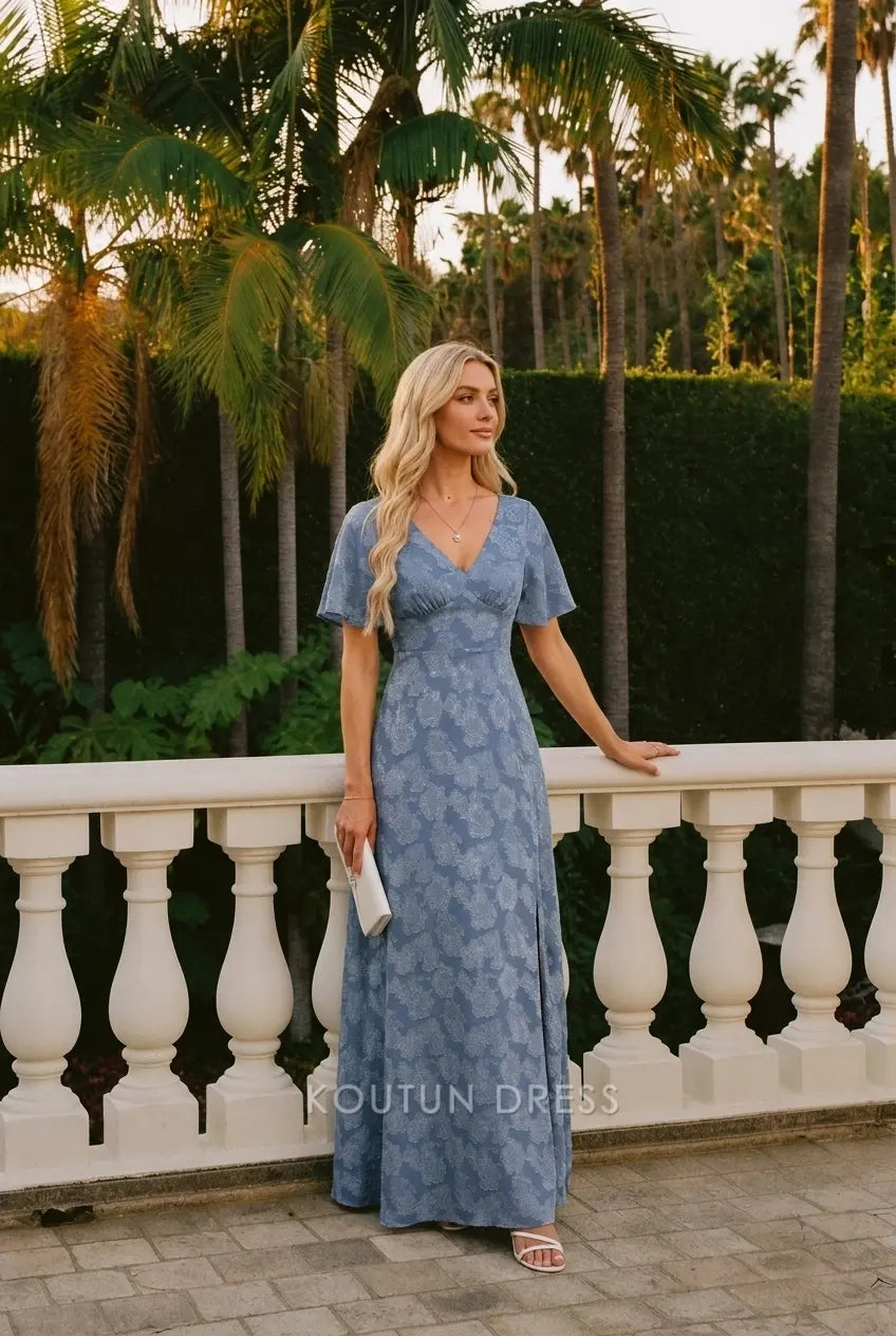 Elegant A-Line V-Neck Flutter Sleeve Floral Slit Dusty Blue Floor-Length Prom Dress