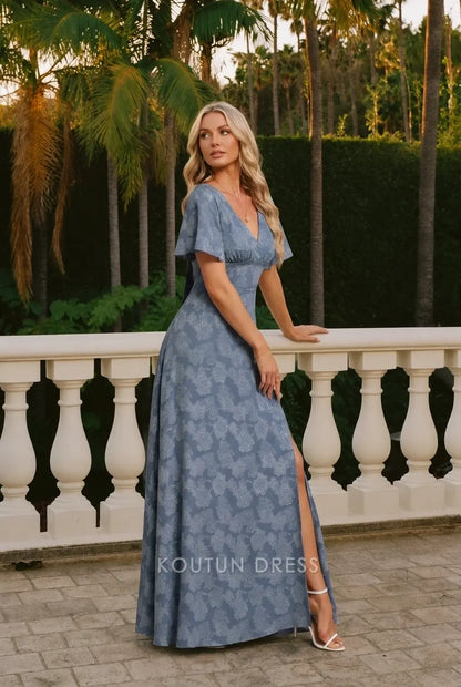 Elegant A-Line V-Neck Flutter Sleeve Floral Slit Dusty Blue Floor-Length Prom Dress