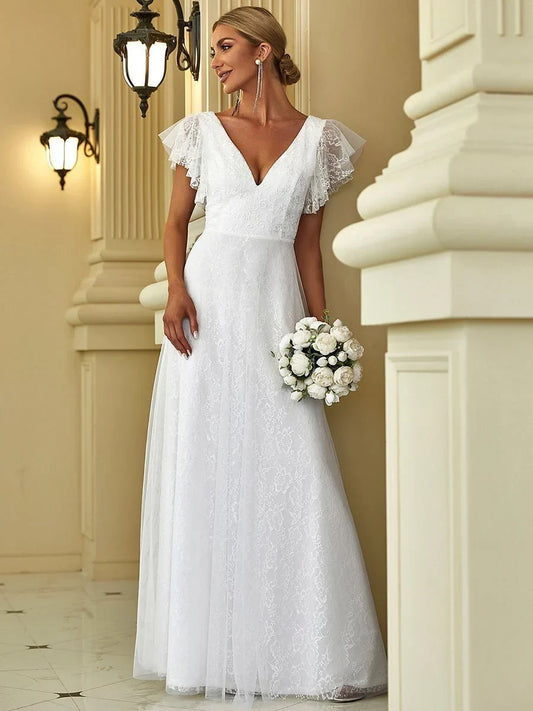 Elegant A-Line V-Neck Flutter Sleeve Lace White Floor-Length Wedding Gown