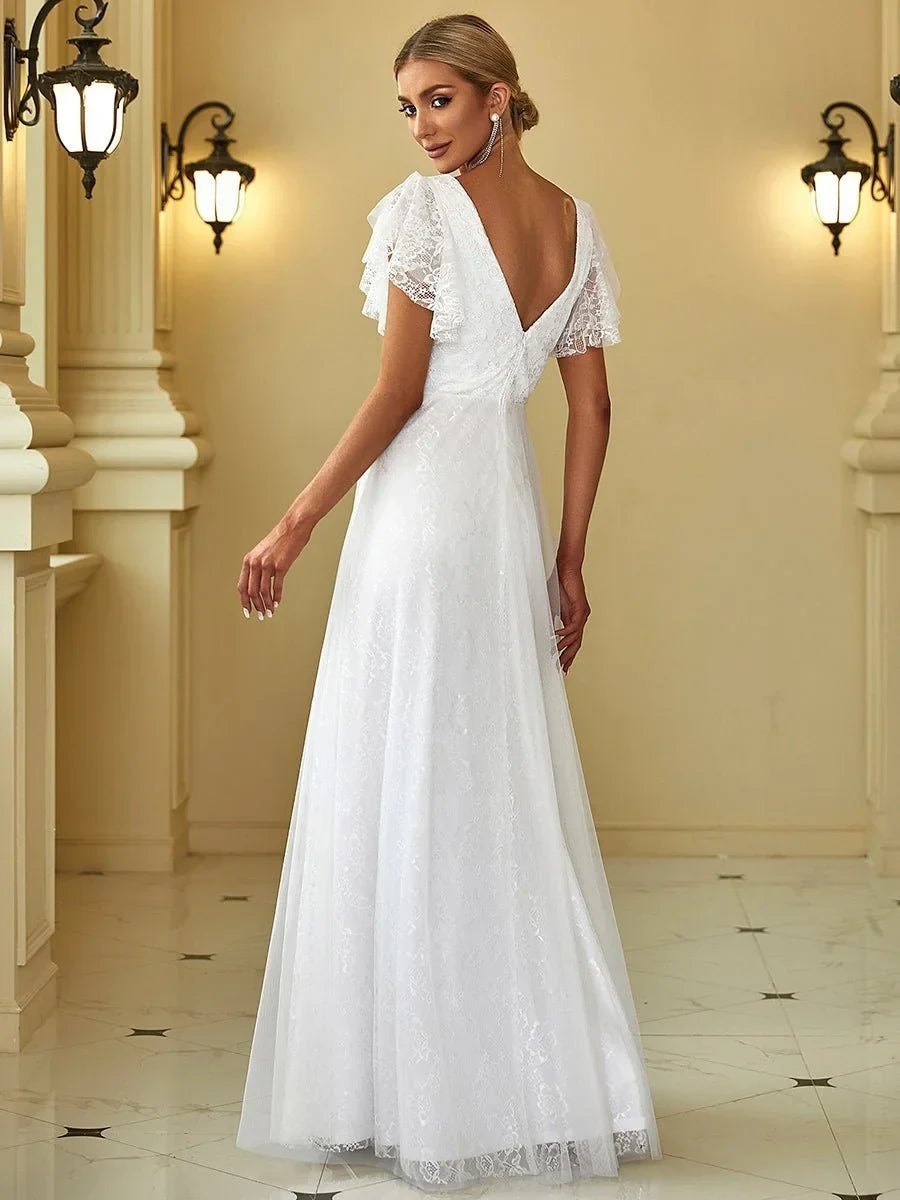 Elegant A-Line V-Neck Flutter Sleeve Lace White Floor-Length Wedding Gown