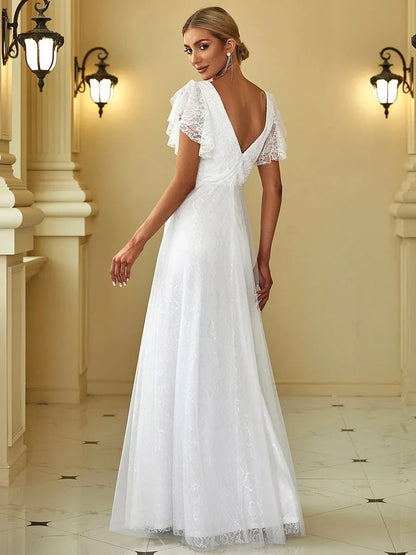 Elegant A-Line V-Neck Flutter Sleeve Lace White Floor-Length Wedding Gown
