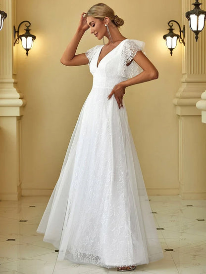 Elegant A-Line V-Neck Flutter Sleeve Lace White Floor-Length Wedding Gown