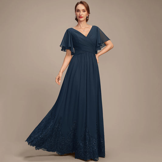 Elegant A-Line V-Neck Flutter Sleeve Navy Blue Floor-Length Mother Of The Bride Gown