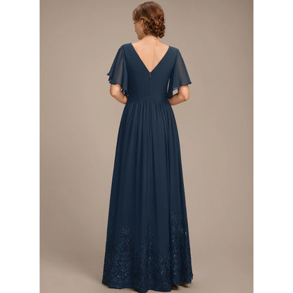 Elegant A-Line V-Neck Flutter Sleeve Navy Blue Floor-Length Mother Of The Bride Gown