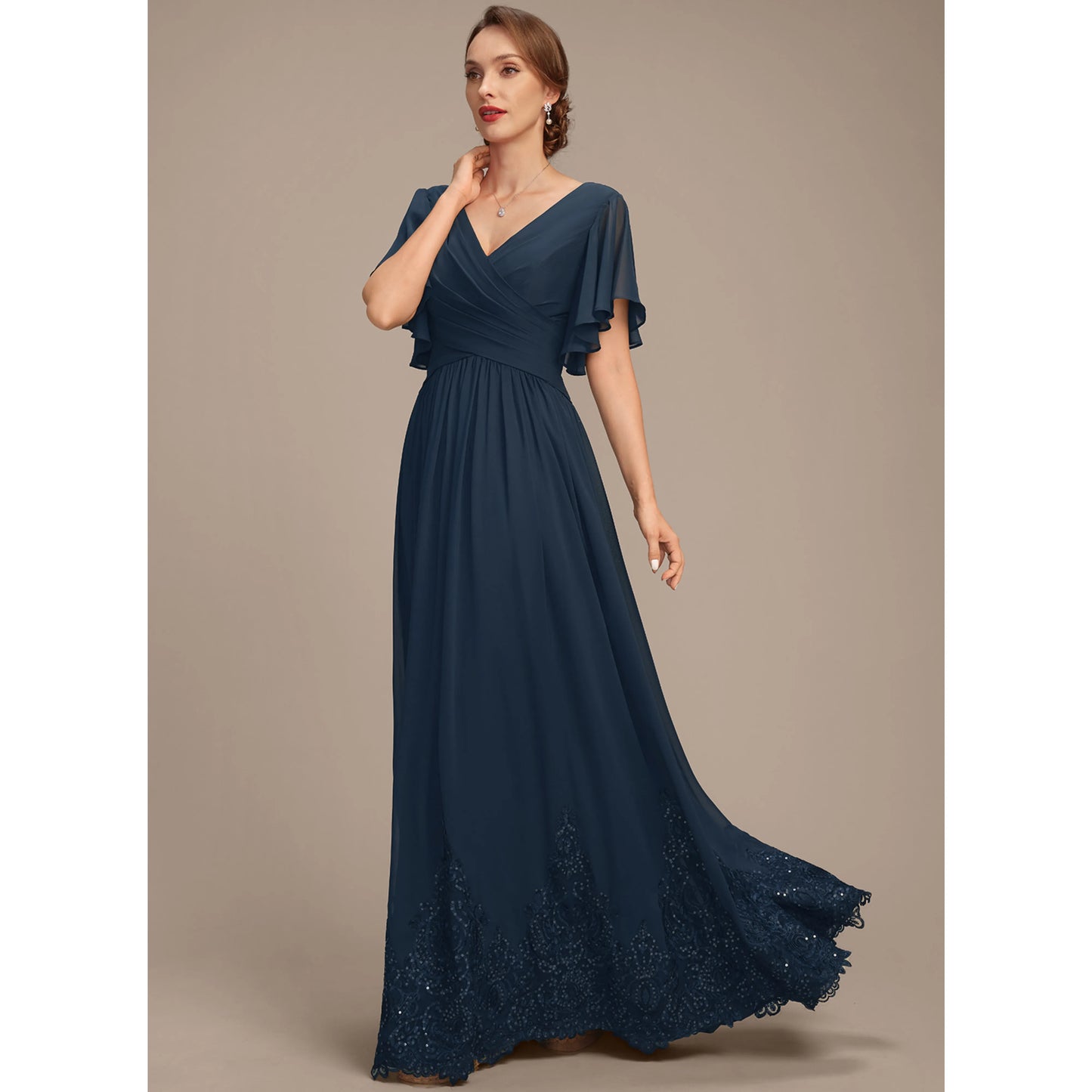 Elegant A-Line V-Neck Flutter Sleeve Navy Blue Floor-Length Mother Of The Bride Gown