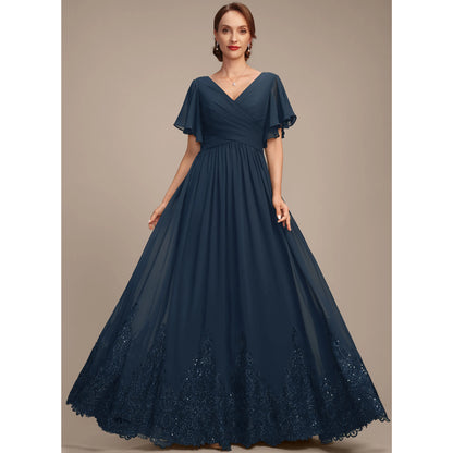 Elegant A-Line V-Neck Flutter Sleeve Navy Blue Floor-Length Mother Of The Bride Gown
