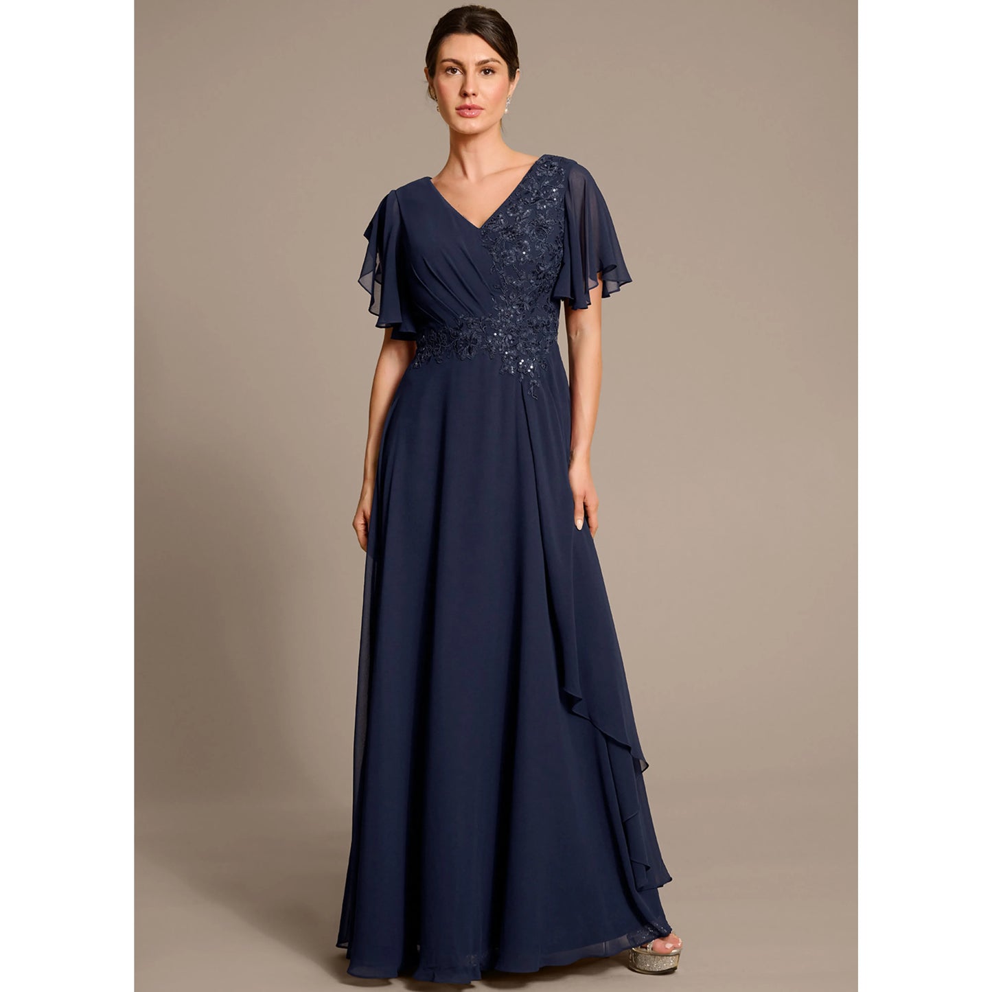 Elegant A-Line V-Neck Flutter Sleeve Navy Floor-Length Mother Of The Bride Dresses