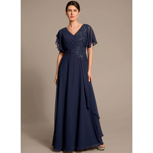 Elegant A-Line V-Neck Flutter Sleeve Navy Floor-Length Mother Of The Bride Dresses