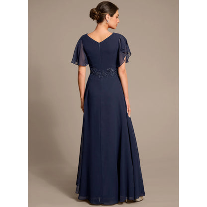 Elegant A-Line V-Neck Flutter Sleeve Navy Floor-Length Mother Of The Bride Dresses