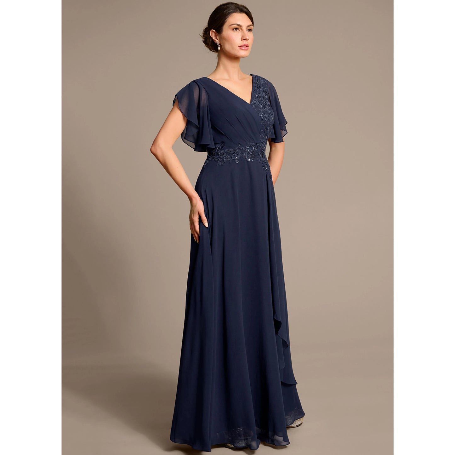 Elegant A-Line V-Neck Flutter Sleeve Navy Floor-Length Mother Of The Bride Dresses