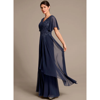 Elegant A-Line V-Neck Flutter Sleeve Navy Floor-Length Mother Of The Bride Dresses