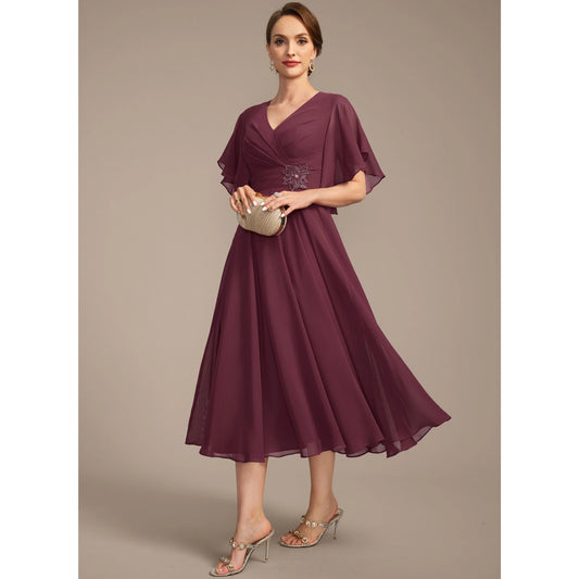 Elegant A-Line V-Neck Flutter Sleeve Pleated Plum Midi Mother of the Bride Gown