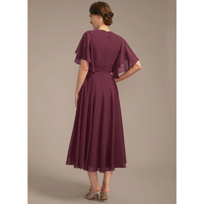 Elegant A-Line V-Neck Flutter Sleeve Pleated Plum Midi Mother of the Bride Gown
