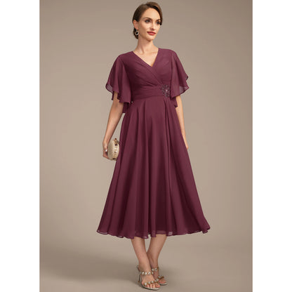 Elegant A-Line V-Neck Flutter Sleeve Pleated Plum Midi Mother of the Bride Gown