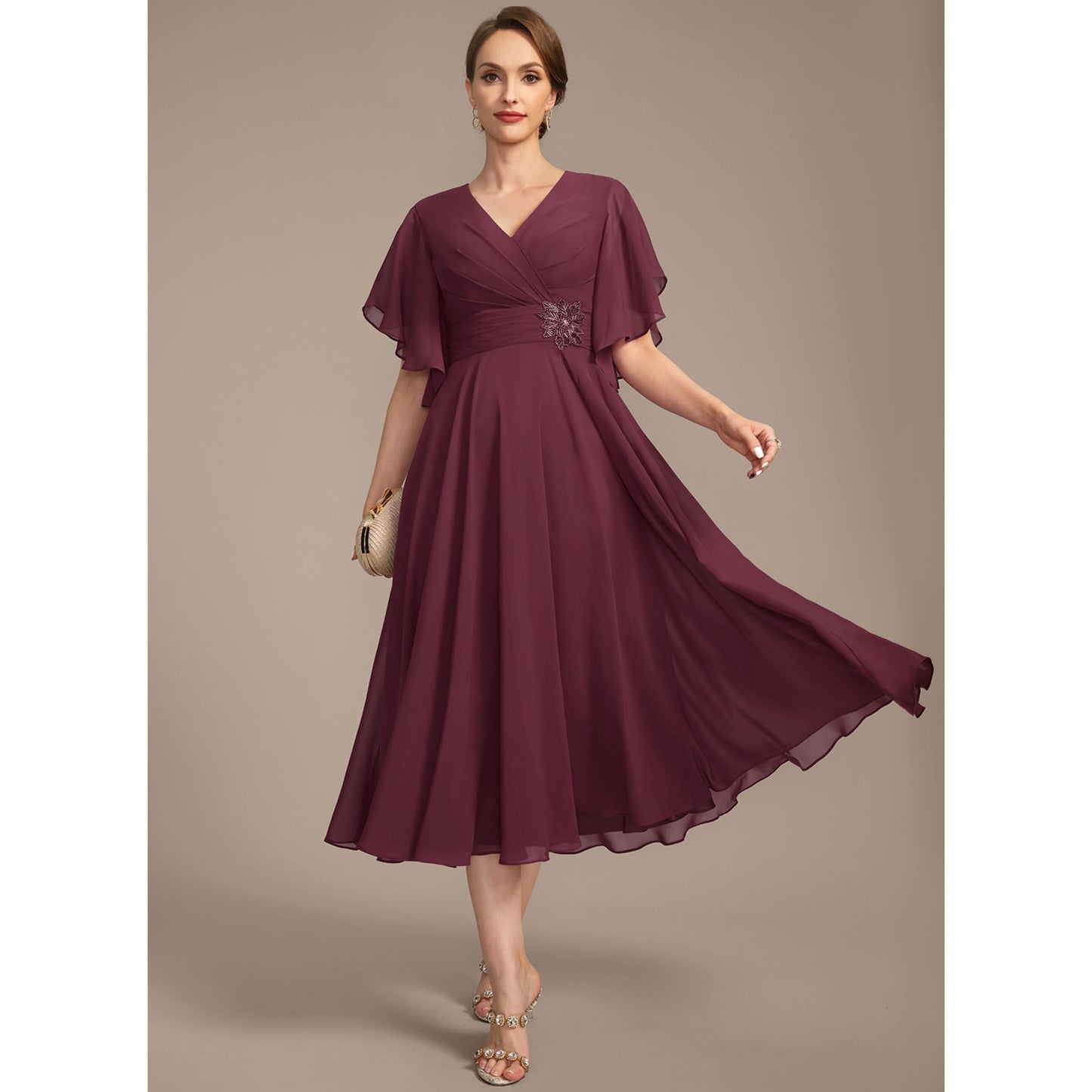 Elegant A-Line V-Neck Flutter Sleeve Pleated Plum Midi Mother of the Bride Gown