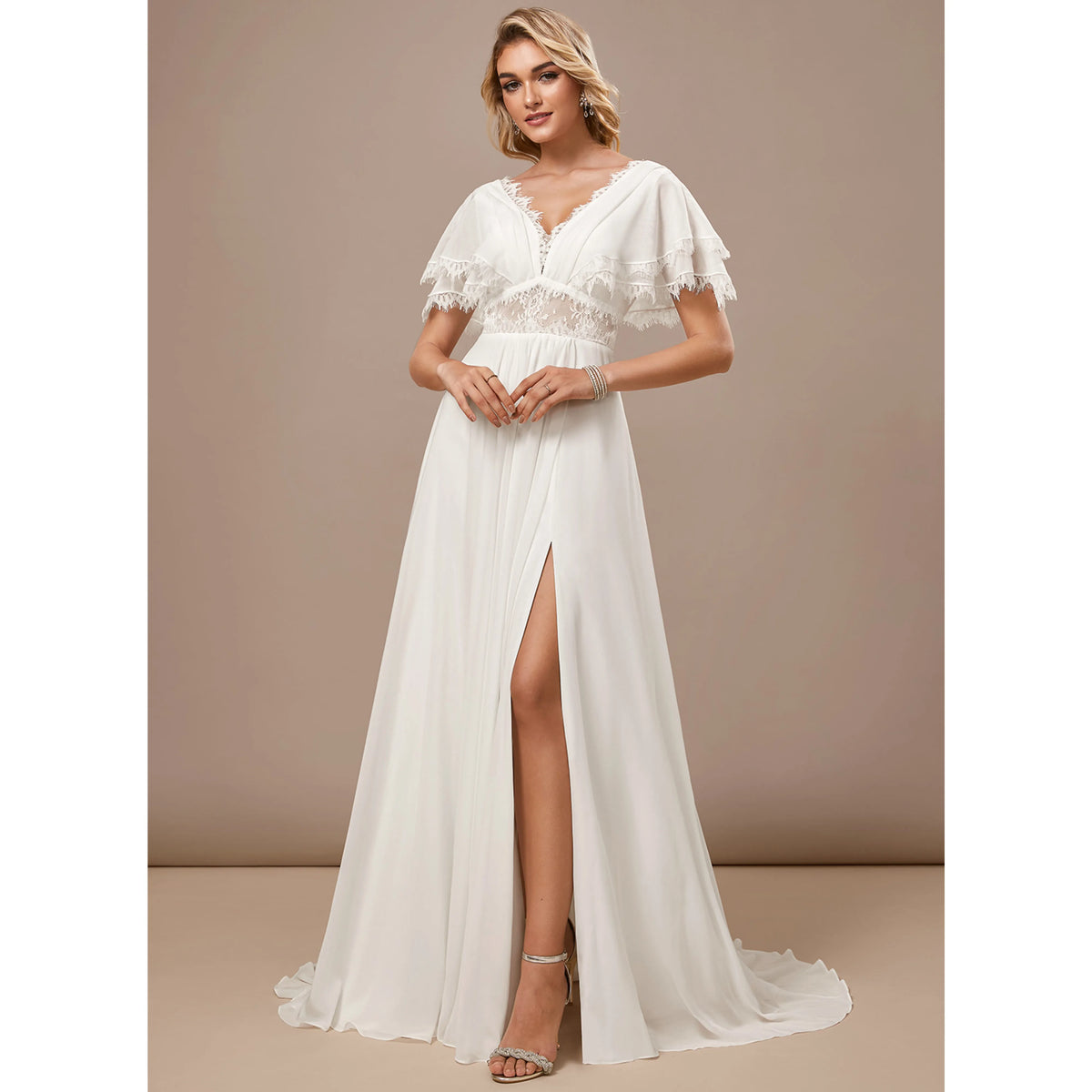 Elegant A-Line V-Neck Flutter Sleeve Romantic White Floor-Length Wedding Dresses for Brides