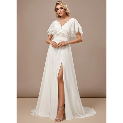Elegant A-Line V-Neck Flutter Sleeve Romantic White Floor-Length Wedding Dresses for Brides