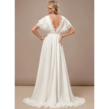Elegant A-Line V-Neck Flutter Sleeve Romantic White Floor-Length Wedding Dresses for Brides